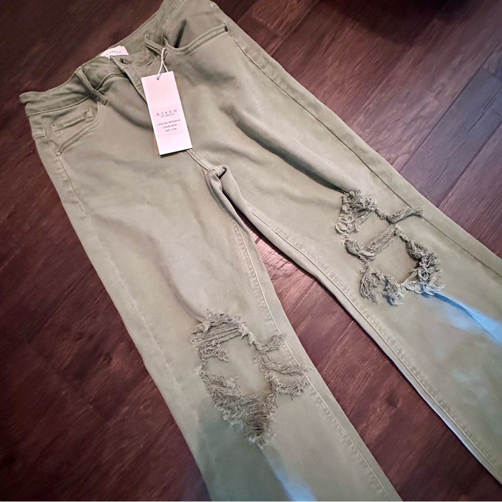 Risen Olive High Waisted Cropped Distressed Jeans